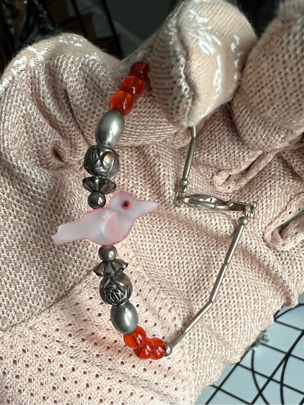 Vintage Southwestern Liquid Silver Pink Mother of Pearl Bird Fetish Bracelet